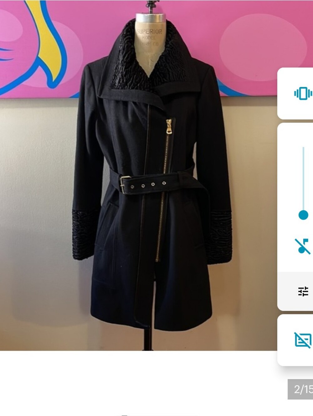 Guess Black Wool Faux Fur Trim Coat